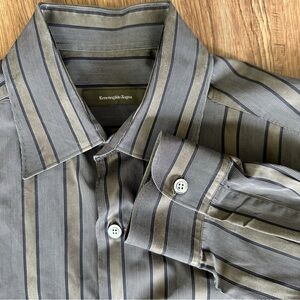 Ermenegildo Zegna Shirt Mens Large Green Striped Classic Cotton Button Up Pocket